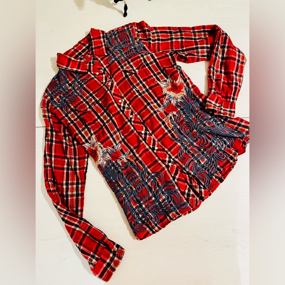 Rare Johnny Was 3J Workshop Collection Red Plaid Shirt with Embroidery